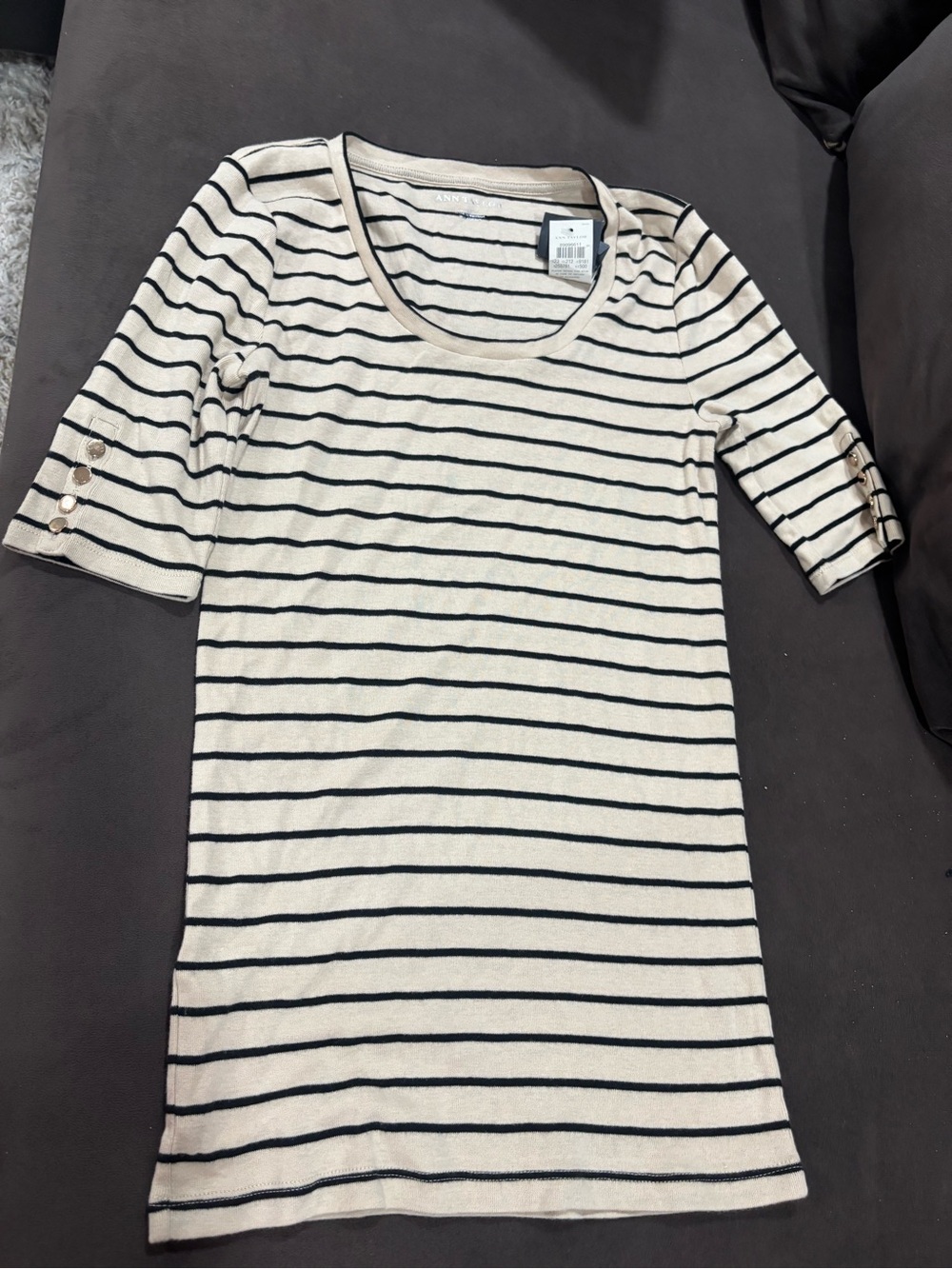 Ann Taylor Cream and Black Striped Scoop Neck Top